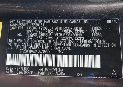 2010 Lexus Rx 350 from USA, damaged, VIN 2T2BK1BA2AC070939